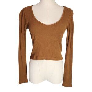 Topshop Brown Long-Sleeve Ribbed Knit Crop Top Womens Size 4